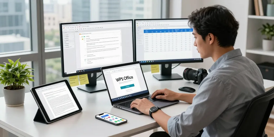 Optimizing WPS Download on a modern tech workspace with multiple devices.
