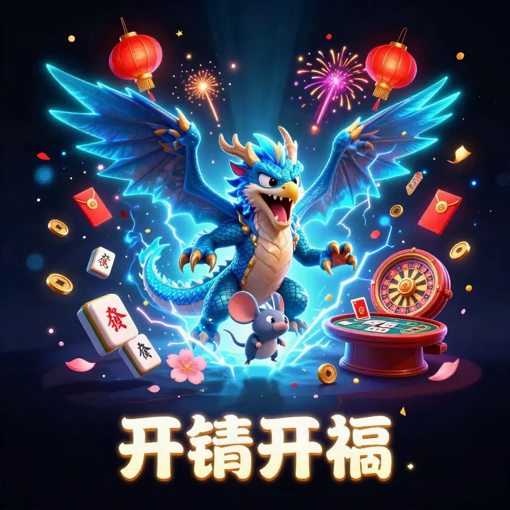 Thunder dragon, glowing hawk, and static mouse amid casino lights, coins, tiles, and fireworks.