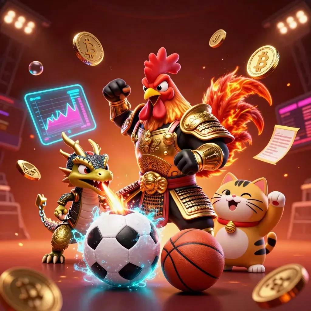Rooster warrior, dragon hatchling and fortune-cat amid flying sports balls and neon casino sparks.