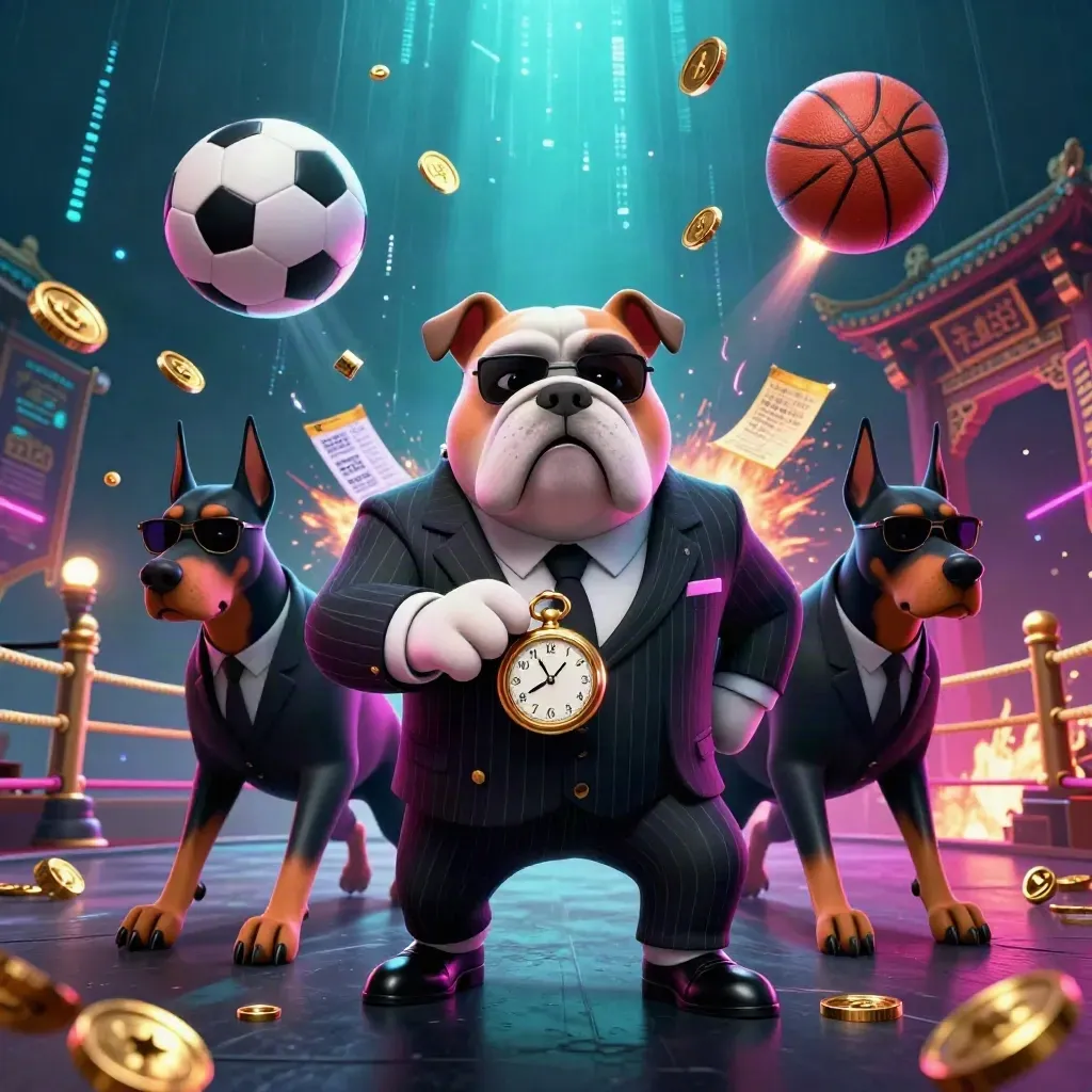 Bulldog mob boss and Doberman guards amid neon casino-sports chaos, balls and gold flying.