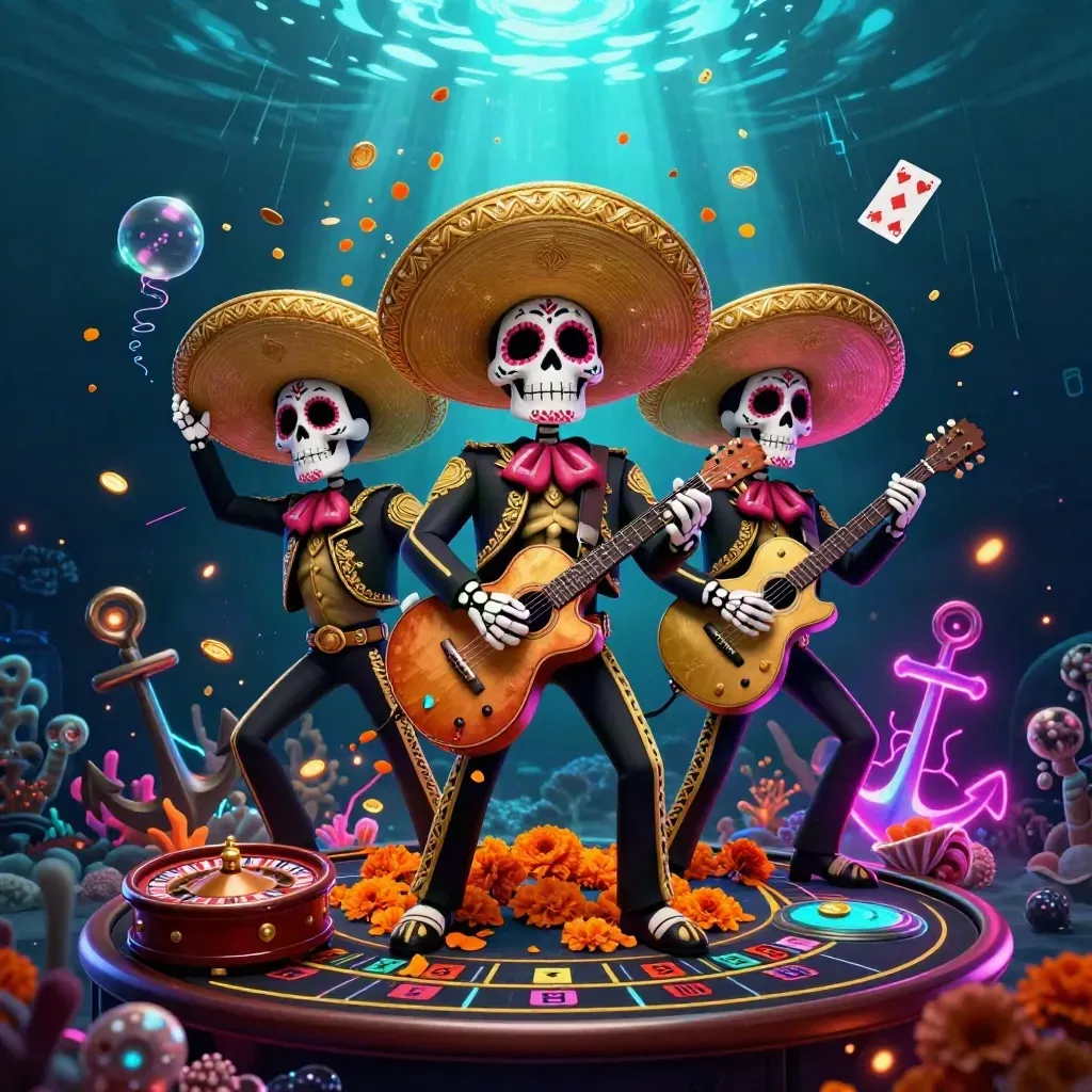 Skeleton mariachi trio in neon underwater treasure cove with gold, cyan and magenta casino lights