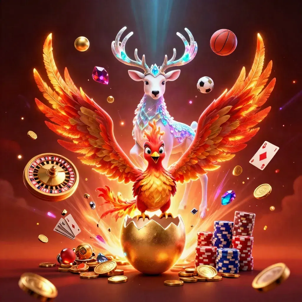 Neon casino fantasy with phoenix, stag, chips, coins, and sports balls in a fiery burst.