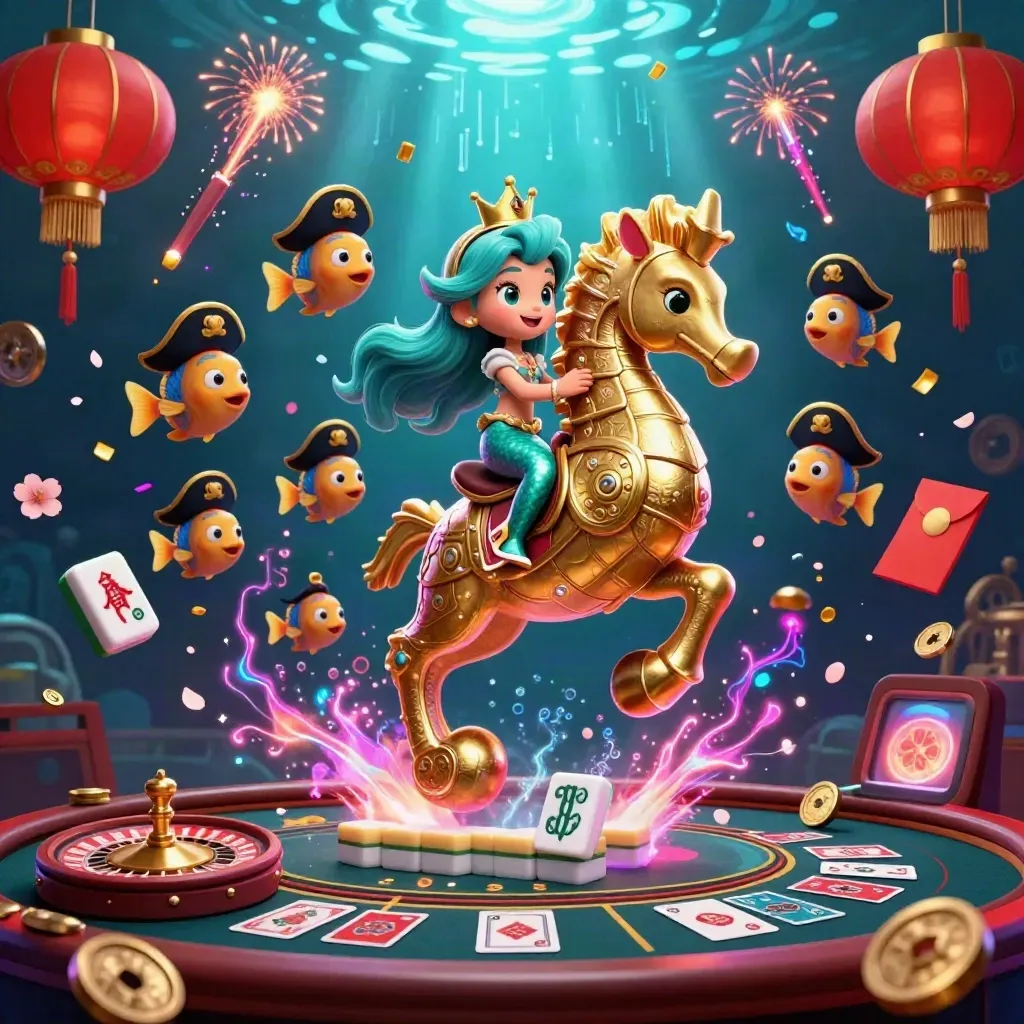 Mermaid princess on armored seahorse with pirate fish amid neon casino tiles and underwater glow