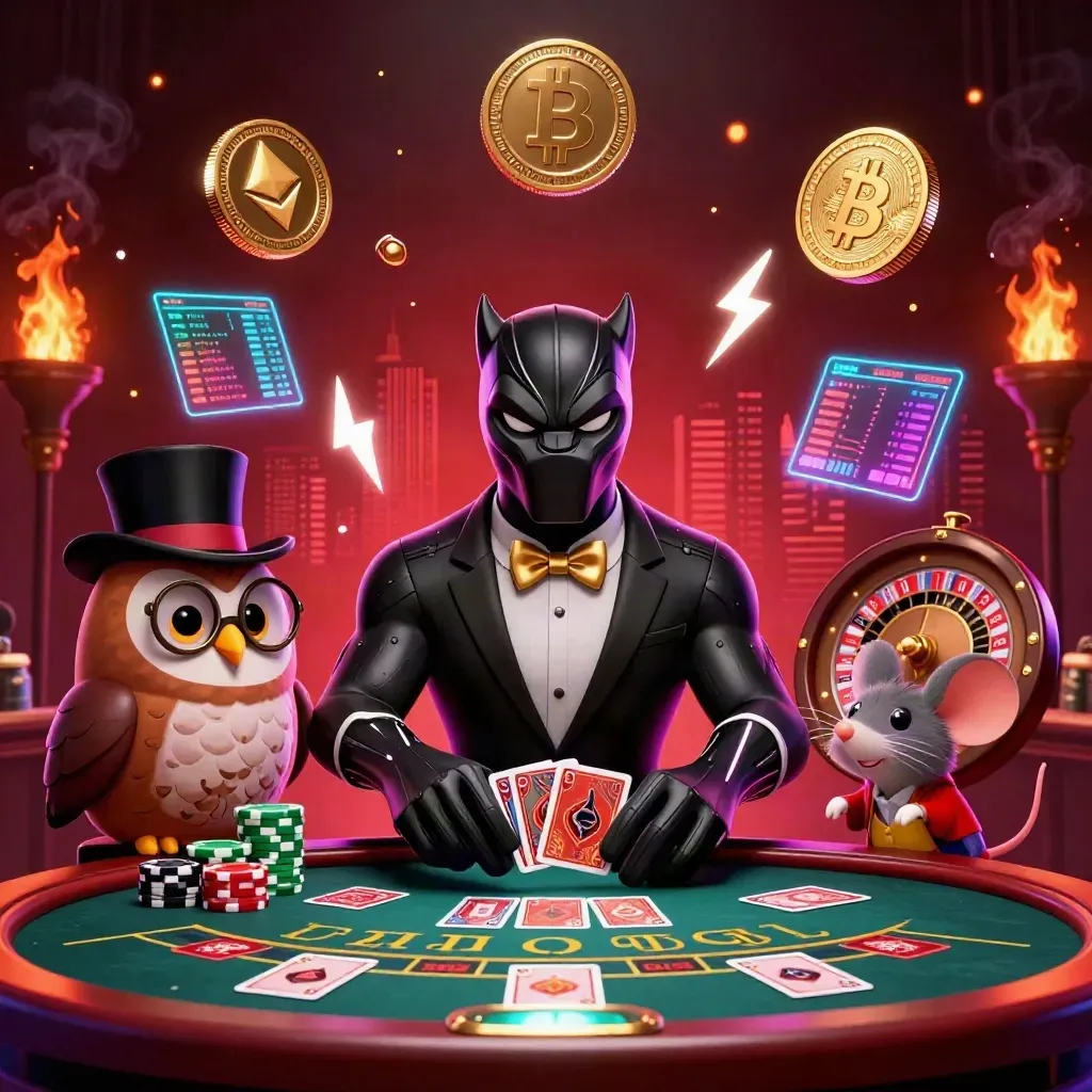 Panther, owl, and mouse in a neon casino scene with coins, chips, and dramatic lighting.