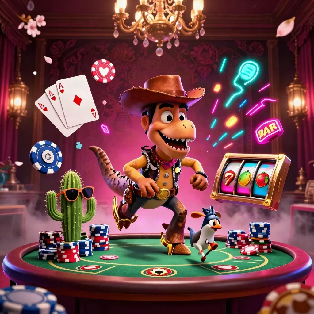 Cowboy T-Rex, cactus, and roadrunner at a neon poker table amid chips and casino glow