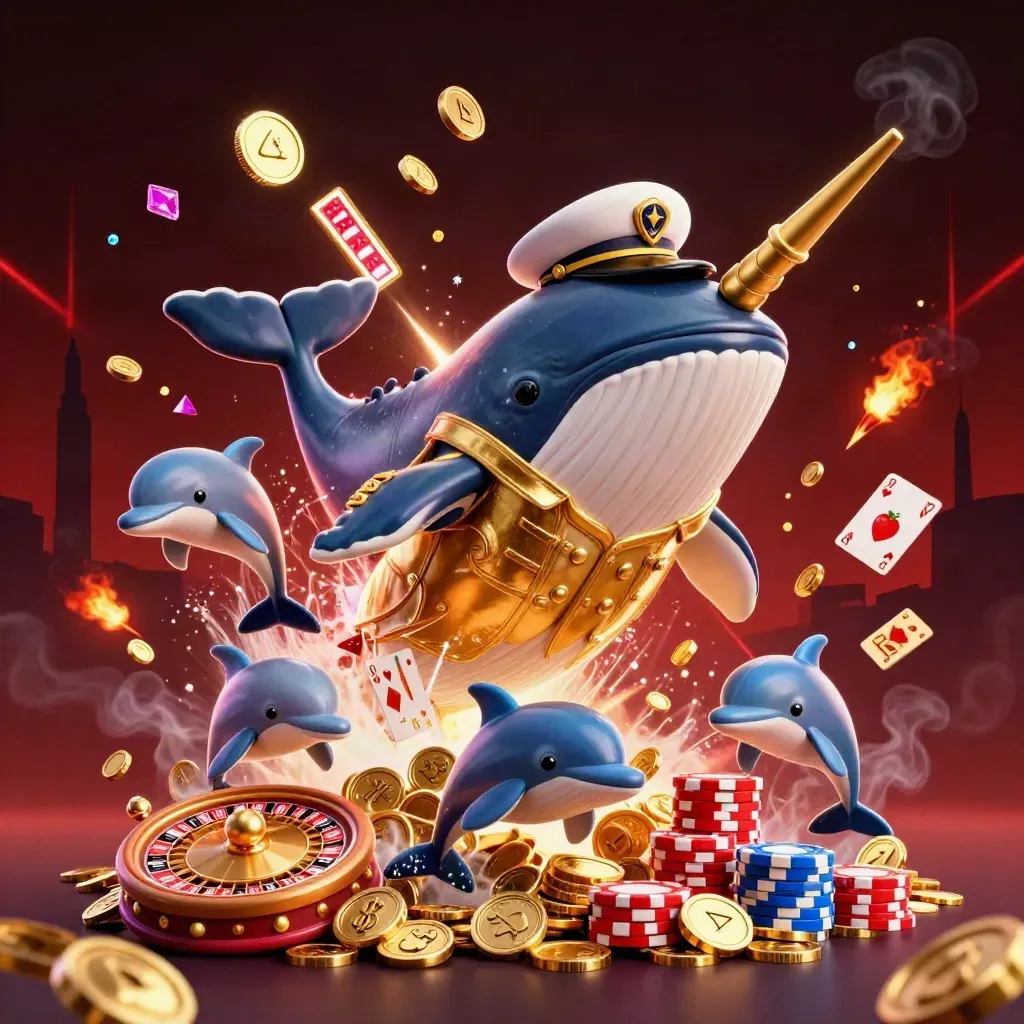 Whale captain, narwhal, and dolphins burst through coins and gems in neon casino key art.