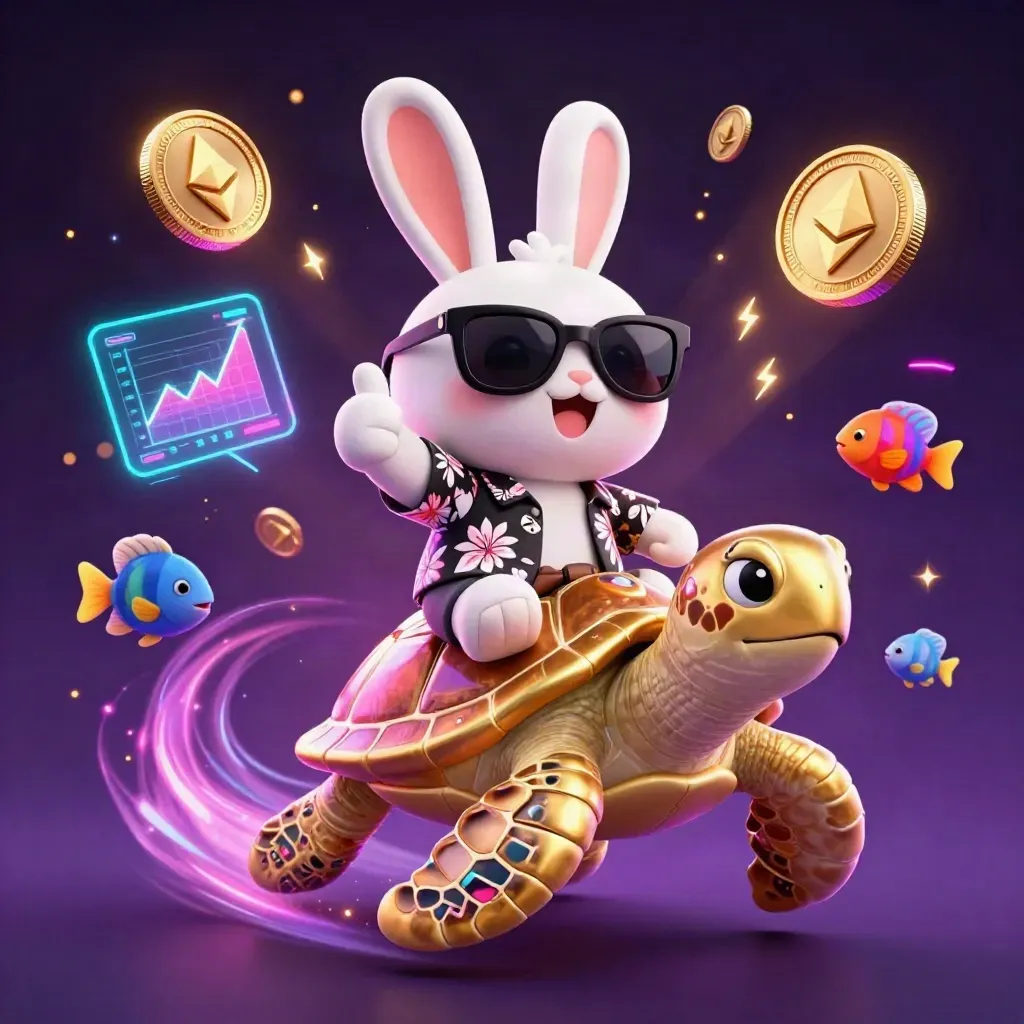 Lucky rabbit rides a gem-turtle amid neon coins, fish, lightning, and casino wisps.