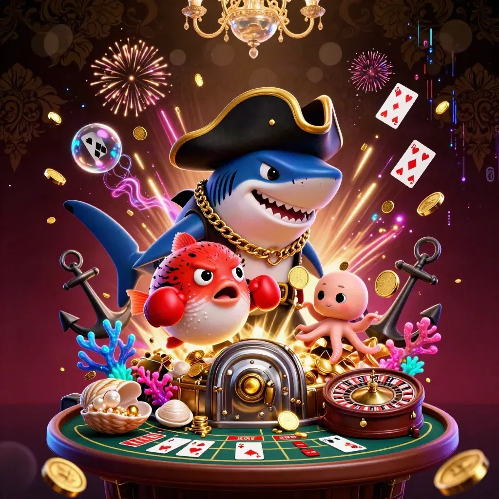 Pirate shark, boxing pufferfish, and juggling octopus amid gold coins and casino luxuries.