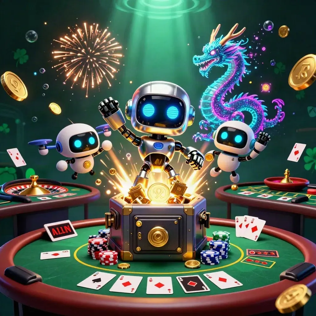 Robot, hologram dragon, and drone burst from a treasure vault amid coins, cards, chips, and neon casino lights.