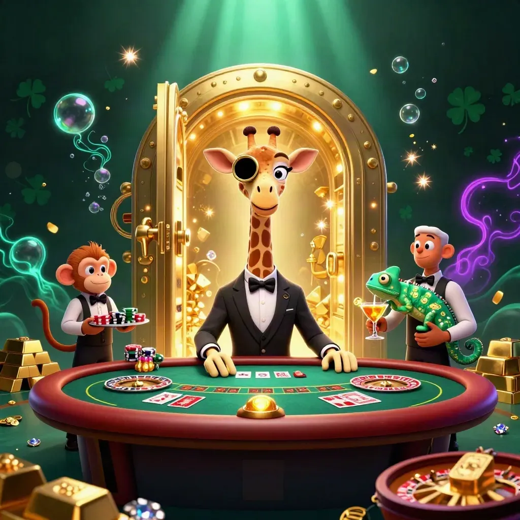 Giraffe high roller, monkey valet and chameleon bartender amid vault gold and casino lights