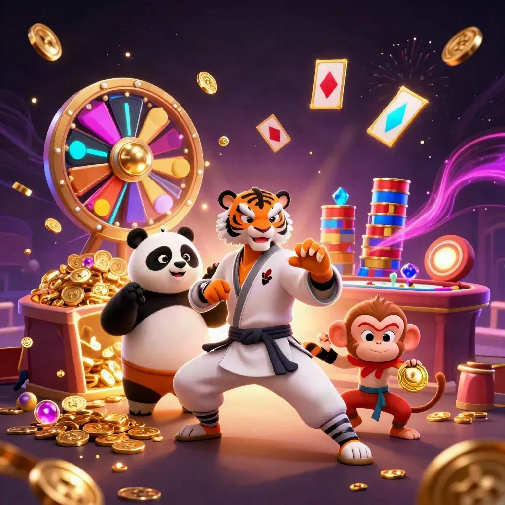 Tiger master, panda disciple, and monkey student amid coins, chips, cards, and fireworks.
