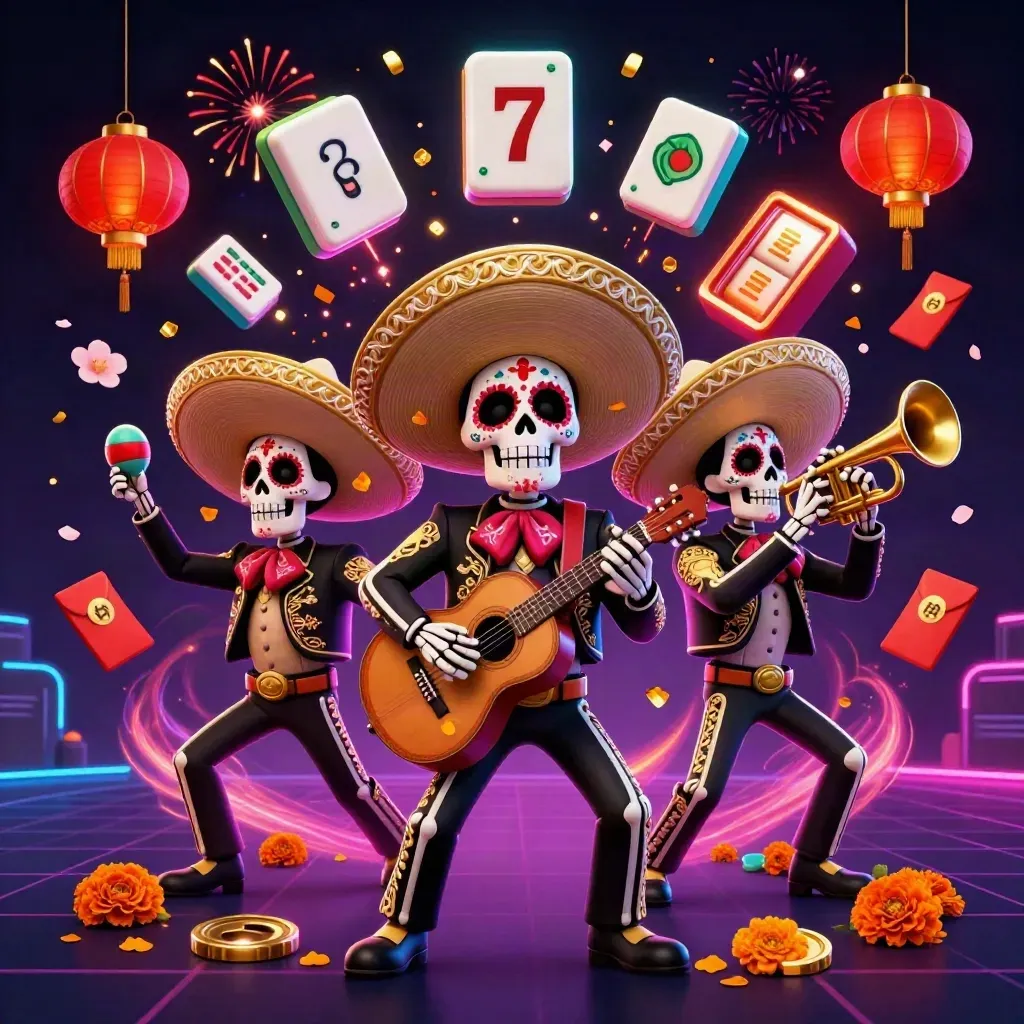 Skeleton mariachi trio amid casino symbols, neon fireworks, and gold confetti on a dark grid backdrop.