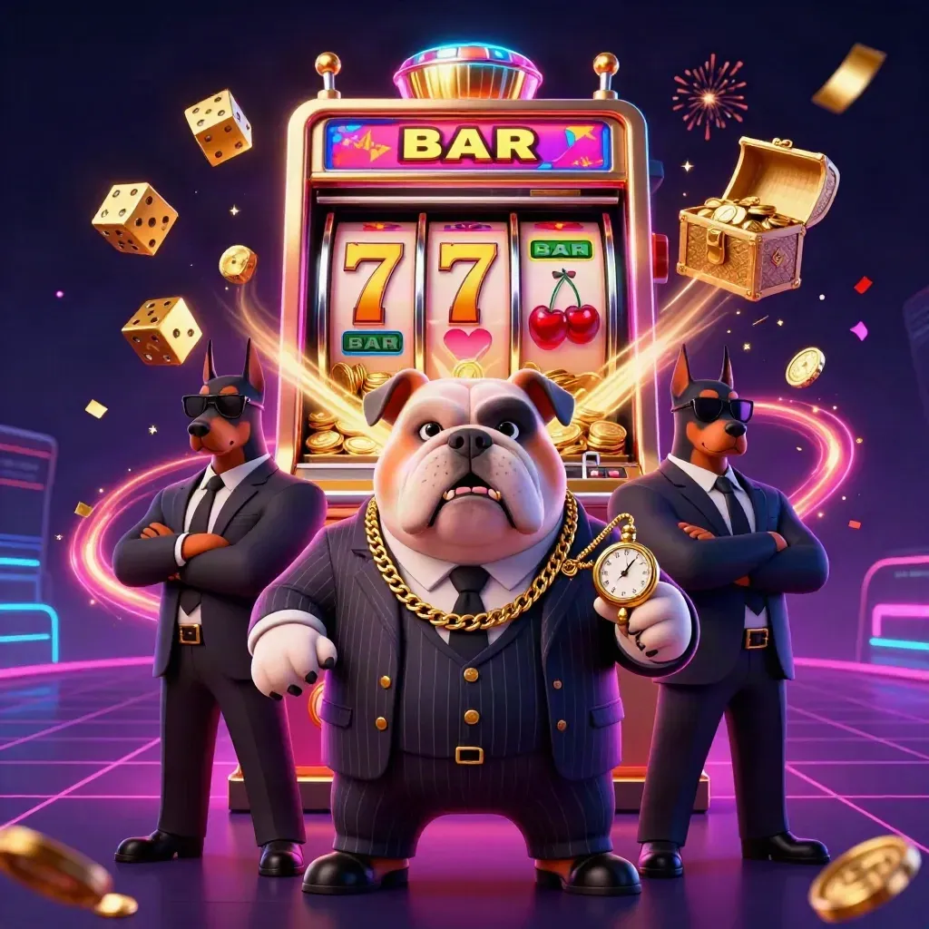 Bulldog mob boss and two Dobermans amid exploding slots, gold, neon, confetti.