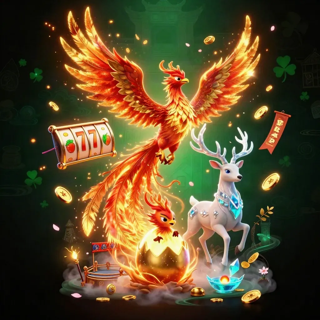 Phoenix, hatchling, and crystal stag amid casino magic, coins, reels, and neon fog.